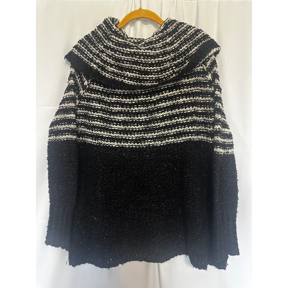 Free People Black White Striped Cowl Neck Wool Blend Boucle Sweater Womens Large